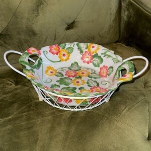 Temptations by Tara Floral Embroidery handled round serving bowl.
